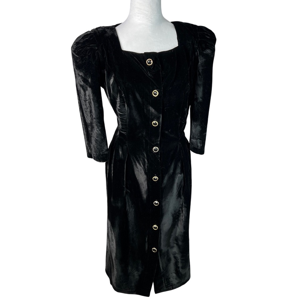 Vintage David Mitchell Black Velvet Button Front Puff Sleeve Midi DressSize 9 10